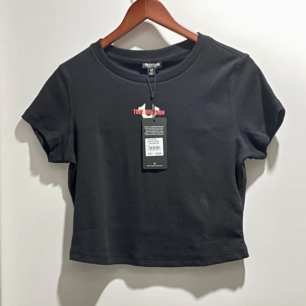 True Religion New School Y2K 90s Preppy Crop Ribbed Knit Stretch Baby Tee Top L